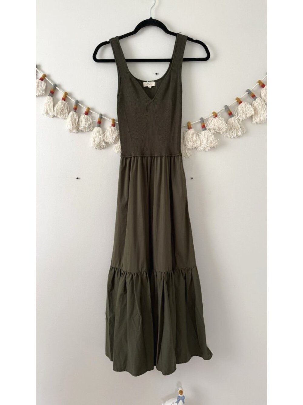 Elan Rhodes Olive Mixed Media Tiered Tank Midi Dress Coquette Feminine XS